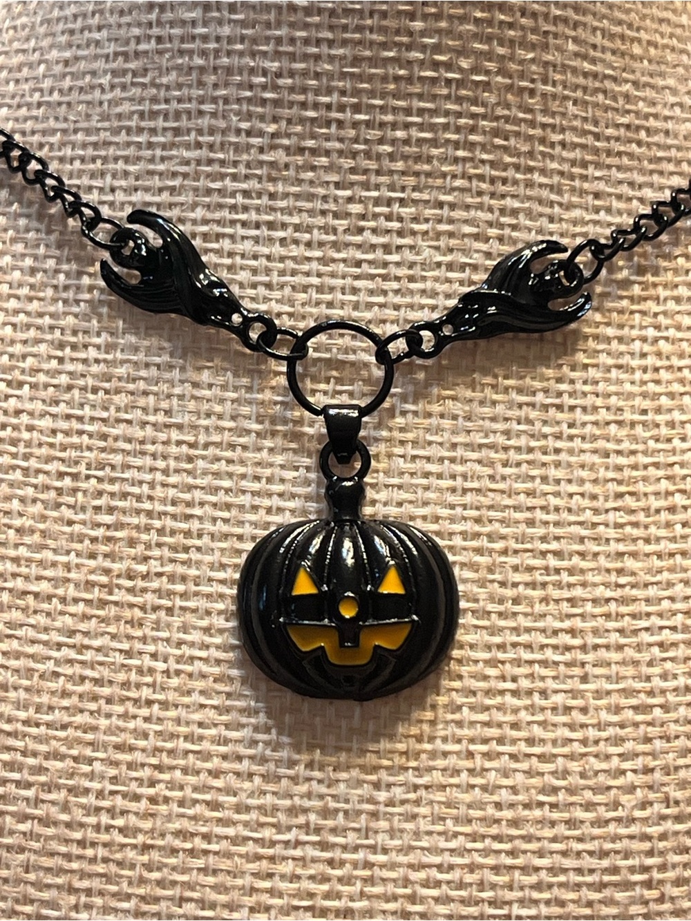 Hand Crafted Black Pumpkin Pendant Necklace With Bats - Picture 4 of 4